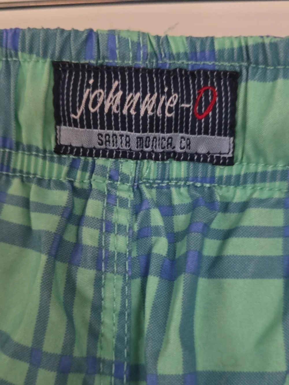 johnnie-O Medium Green Plaid Swim Trunks with Blue Drawstring Like New